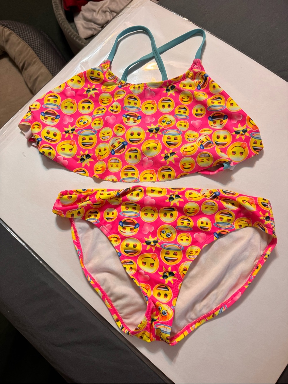 Girls Emoji Print Two-Piece Swim Bikini - Pink with Teal Straps